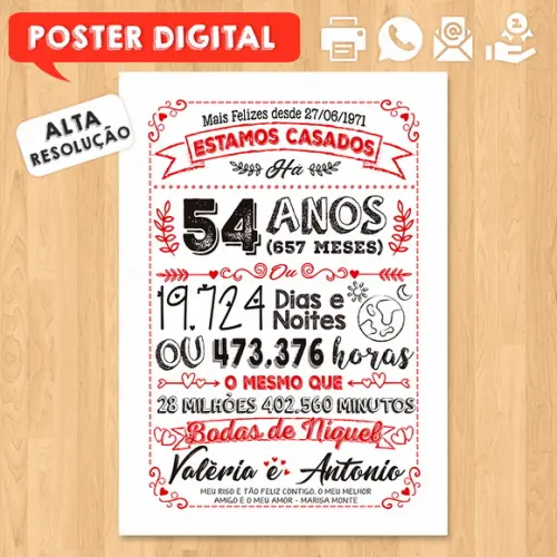 Arte Digital Chalkboard Bodas Níquel 54 Anos A3 30x42cm