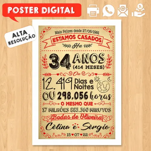 Arte Digital Chalkboard Bodas Oliveira 34 Anos A3 30x42cm