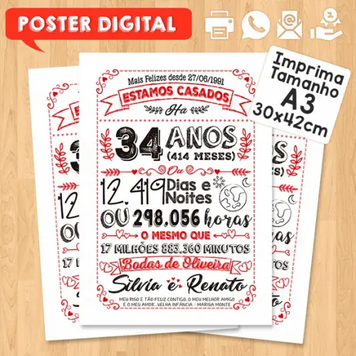 Arte Digital Chalkboard Bodas Oliveira 34 Anos A3 30x42cm