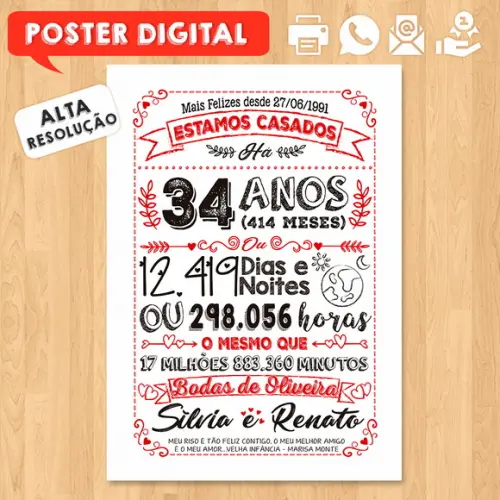 Arte Digital Chalkboard Bodas Oliveira 34 Anos A3 30x42cm