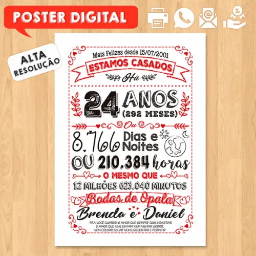 Arte Digital Chalkboard Bodas Opala 24 Anos A3 30x42cm