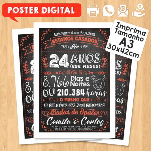 Arte Digital Chalkboard Bodas Opala 24 Anos A3 30x42cm
