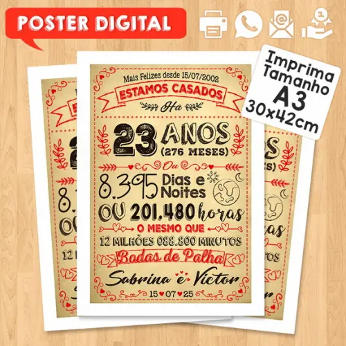 Arte Digital Chalkboard Bodas Palha 23 Anos A3 30x42cm