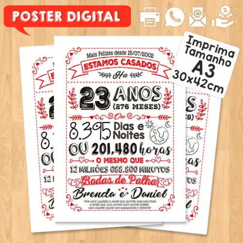 Arte Digital Chalkboard Bodas Palha 23 Anos A3 30x42cm
