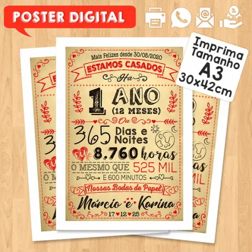 Arte Digital Chalkboard Bodas Papel 01 Ano A3 30x40cm
