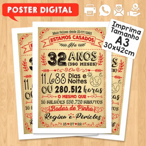 Arte Digital Chalkboard Bodas Pinho 32 Anos A3 30x42cm