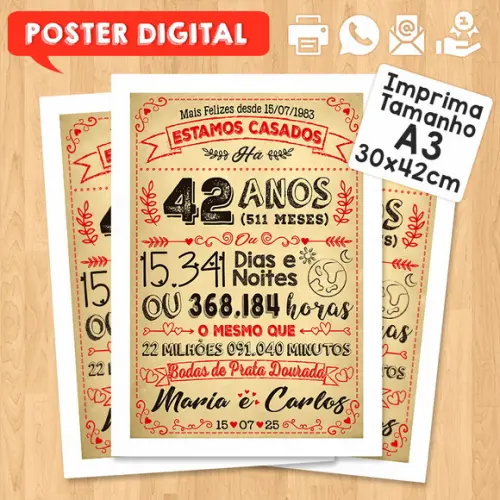 Arte Digital Chalkboard Bodas Prata Dourada 42 Anos 30x42cm