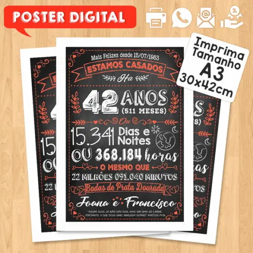 Arte Digital Chalkboard Bodas Prata Dourada 42 Anos 30x42cm