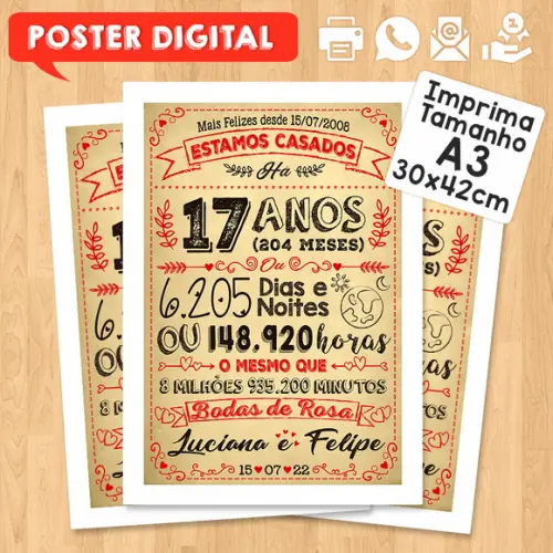 Arte Digital Chalkboard Bodas Rosa 17 Anos A3 30x42cm