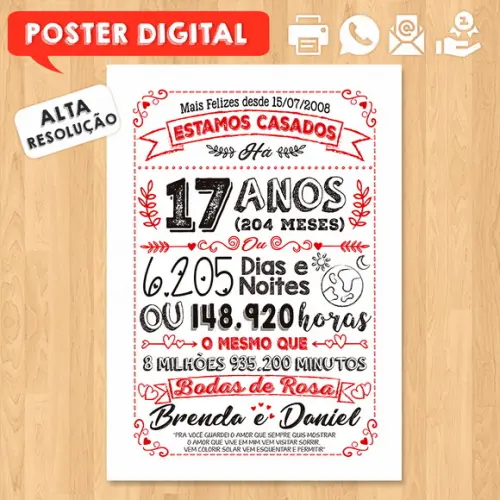 Arte Digital Chalkboard Bodas Rosa 17 Anos A3 30x42cm
