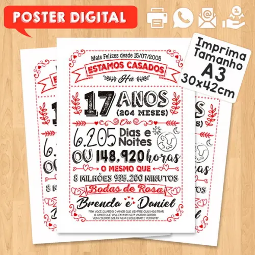 Arte Digital Chalkboard Bodas Rosa 17 Anos A3 30x42cm