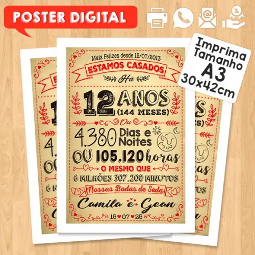 Arte Digital Chalkboard Bodas Seda 12 Anos A3 30x42cm