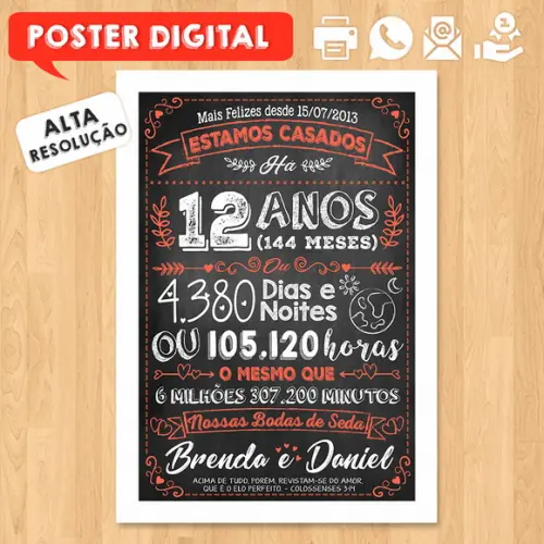 Arte Digital Chalkboard Bodas Seda 12 Anos A3 30x42cm