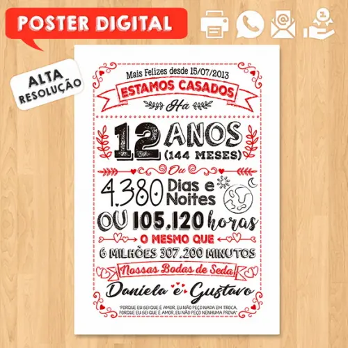 Arte Digital Chalkboard Bodas Seda 12 Anos A3 30x42cm