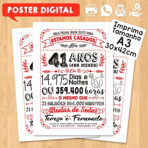 Arte Digital Chalkboard Bodas Seda 41 Anos A3 30x42cm