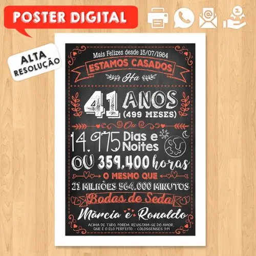 Arte Digital Chalkboard Bodas Seda 41 Anos A3 30x42cm