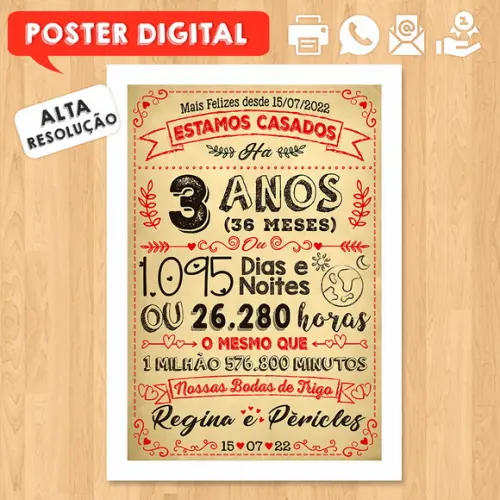 Arte Digital Chalkboard Bodas Trigo 03 Anos A3 30x42cm