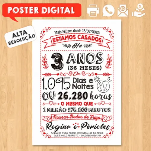 Arte Digital Chalkboard Bodas Trigo 03 Anos A3 30x42cm