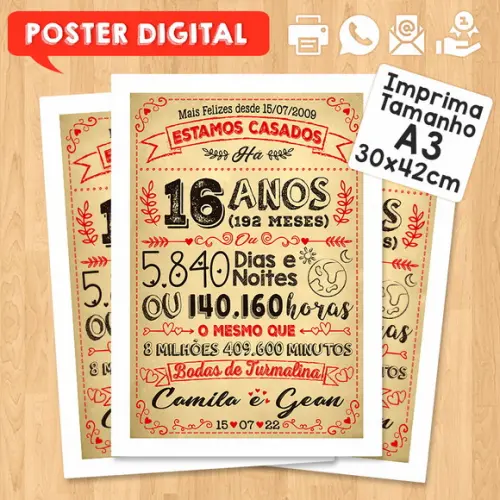 Arte Digital Chalkboard Bodas Turmalina 16 Anos A3 30x42cm
