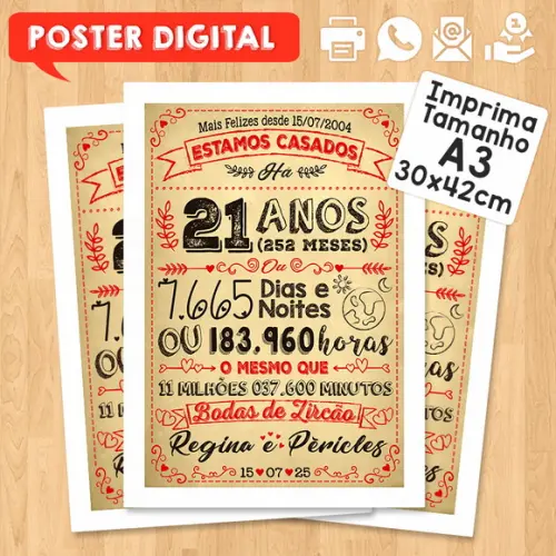 Arte Digital Chalkboard Bodas Zircão 21 Anos A3 30x42cm
