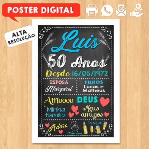 Arte Digital Chalkboard Poster Aniversário 50 Anos