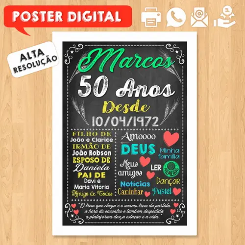 Arte Digital Chalkboard Poster Aniversário 50 Anos