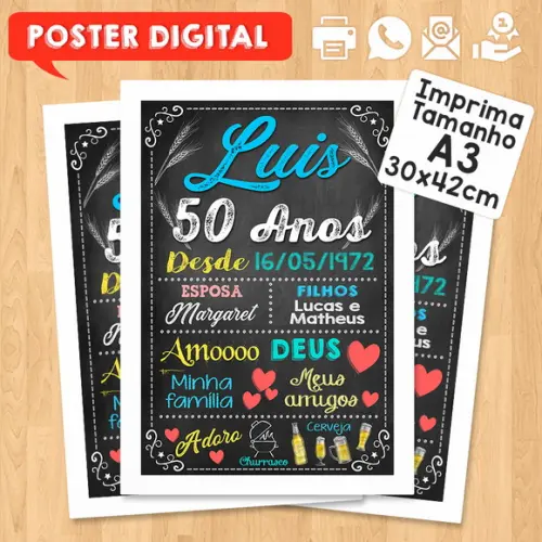 Arte Digital Chalkboard Poster Aniversário 50 Anos