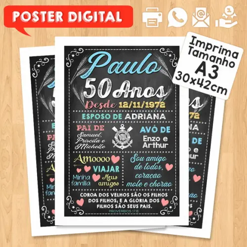 Arte Digital Chalkboard Poster Aniversário 50 Anos