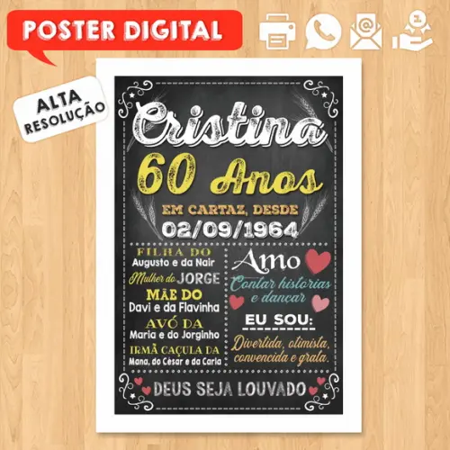 Arte Digital Chalkboard Poster Aniversário 60 Anos