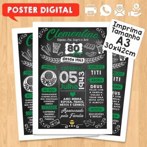 Arte Digital Chalkboard Poster Aniversário 80 Anos