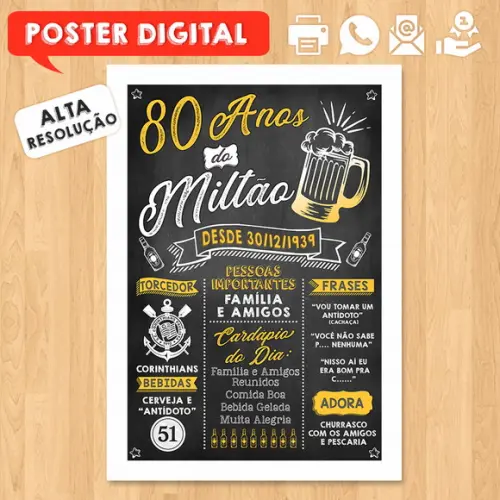 Arte Digital Chalkboard Poster Aniversário 80 Anos