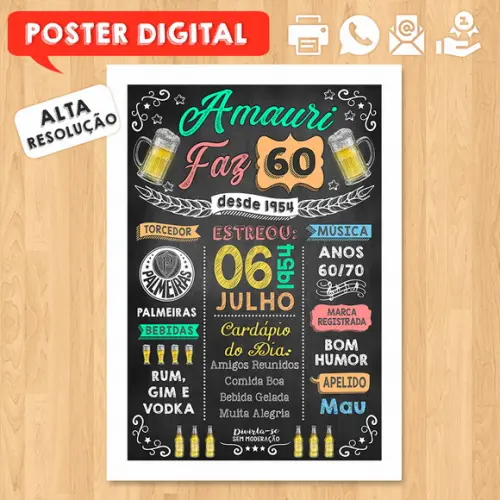 Arte Digital Chalkboard Poster Aniversário Amauri Faz 60