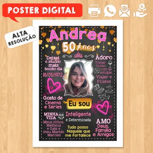 Arte Digital Chalkboard Poster Aniversário Andreia 50 Anos