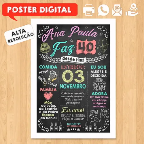 Arte Digital Chalkboard Poster Aniversário Ana Paula Faz 40
