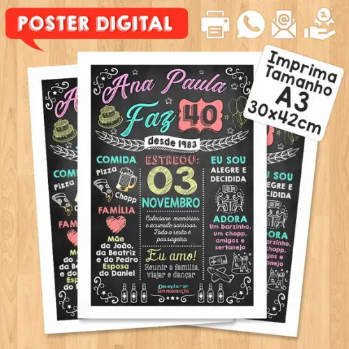 Arte Digital Chalkboard Poster Aniversário Ana Paula Faz 40