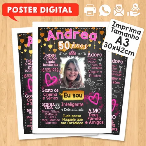 Arte Digital Chalkboard Poster Aniversário Andreia 50 Anos