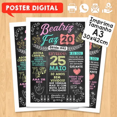 Arte Digital Chalkboard Poster Aniversário Beatriz Faz 20