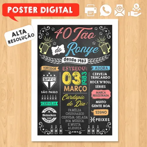 Arte Digital Chalkboard Poster Aniversário Boteco 40tão