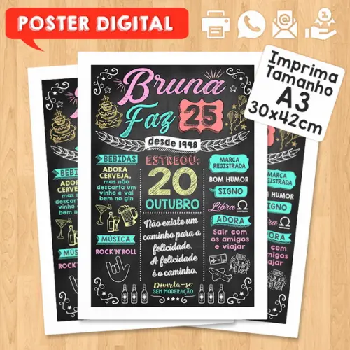 Arte Digital Chalkboard Poster Aniversário Bruna Faz 25