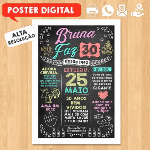 Arte Digital Chalkboard Poster Aniversário Bruna Faz 30