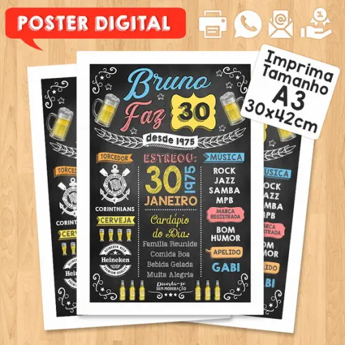 Arte Digital Chalkboard Poster Aniversário Bruno Faz 30