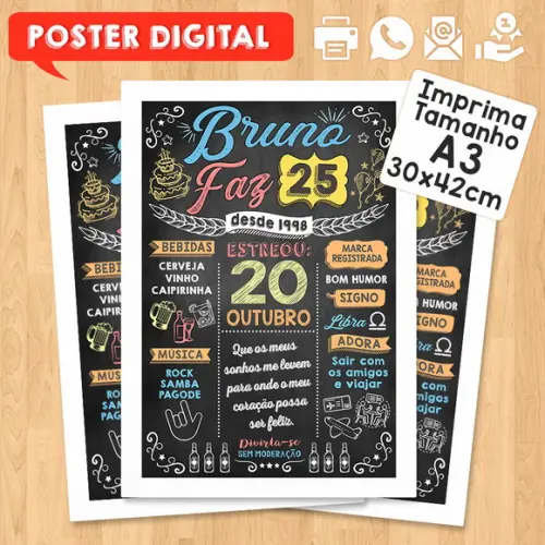 Arte Digital Chalkboard Poster Aniversário Bruno Faz 25