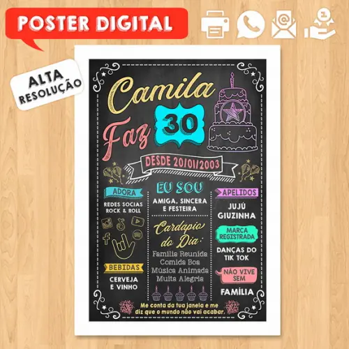 Arte Digital Chalkboard Poster Aniversário Camila Faz 30