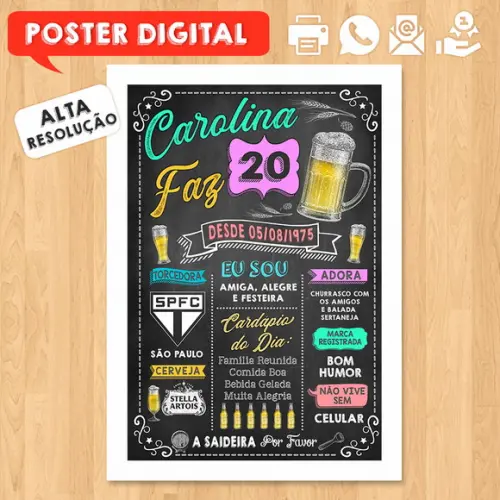 Arte Digital Chalkboard Poster Aniversário Carolina Faz 20