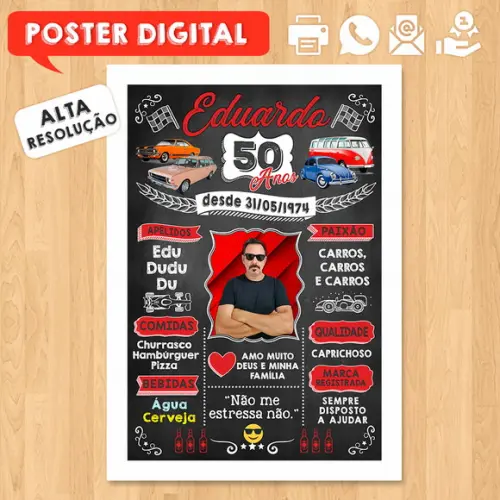 Arte Digital Chalkboard Poster Aniversário Carros Antigos