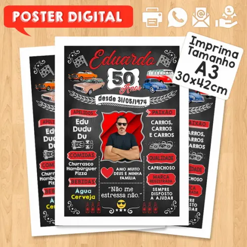 Arte Digital Chalkboard Poster Aniversário Carros Antigos
