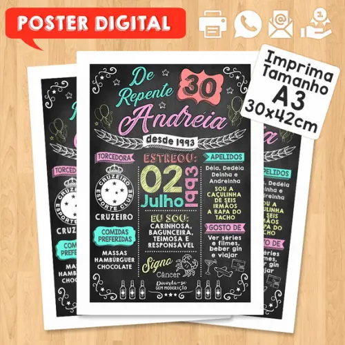 Arte Digital Chalkboard Poster Aniversário de Repente 30