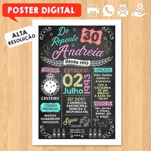 Arte Digital Chalkboard Poster Aniversário de Repente 30