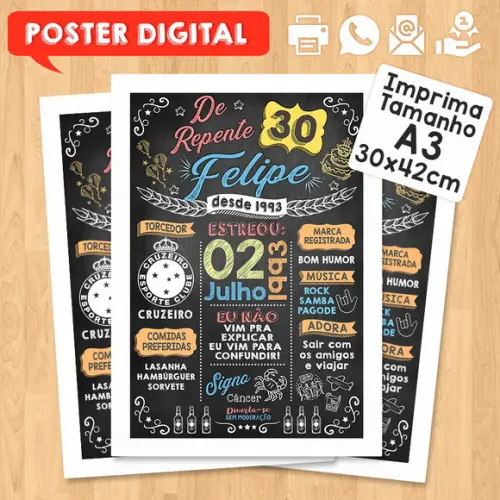 Arte Digital Chalkboard Poster Aniversário de Repente 30