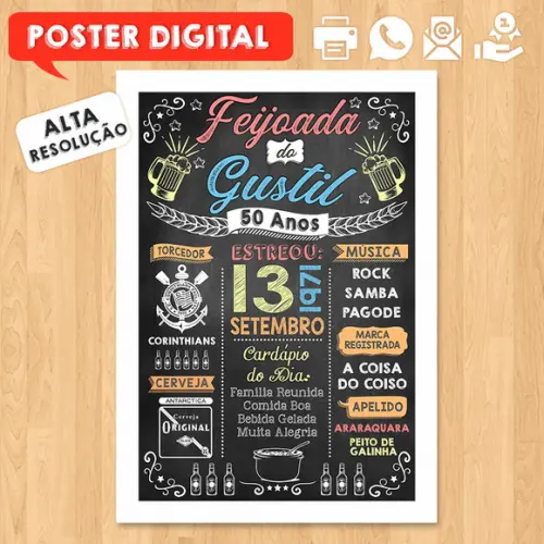 Arte Digital Chalkboard Poster Aniversário Feijoada do Lucão